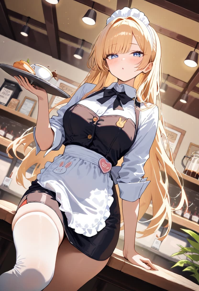 Maid with tray, Animagein 4, cafe setting, blonde hair, blue eyes, detailed illustration.