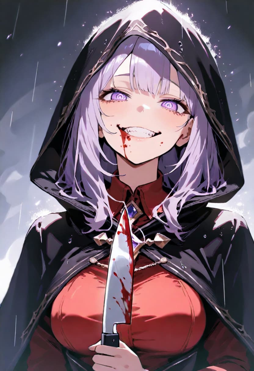 Purple-haired girl, Animagein 4, black cloak, bloody knife, evil grin, heavy rain.