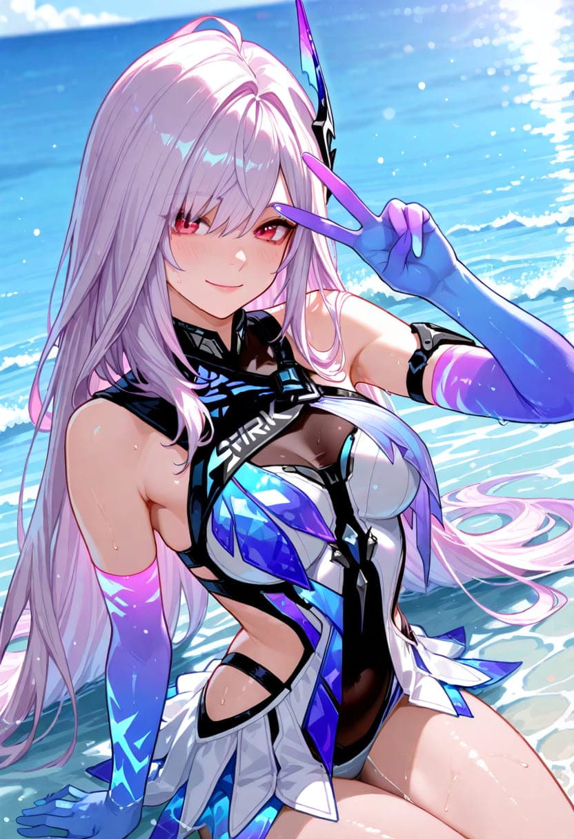Skirk Smiling girl, medium breasts, floating in water, Animagein 4, serene scene.