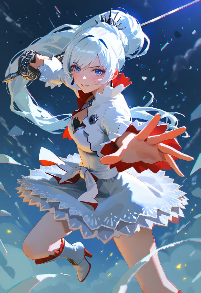 Weiss Schnee, RWBY, white dress, Animagein 4, rapier, realistic, chromatic aberration.