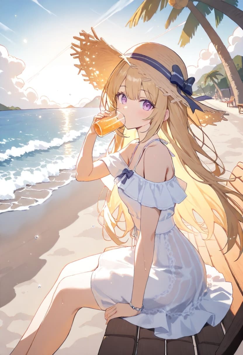 Blond girl, beach setting, straw hat, Animagein 4, white dress, happy, drinking.