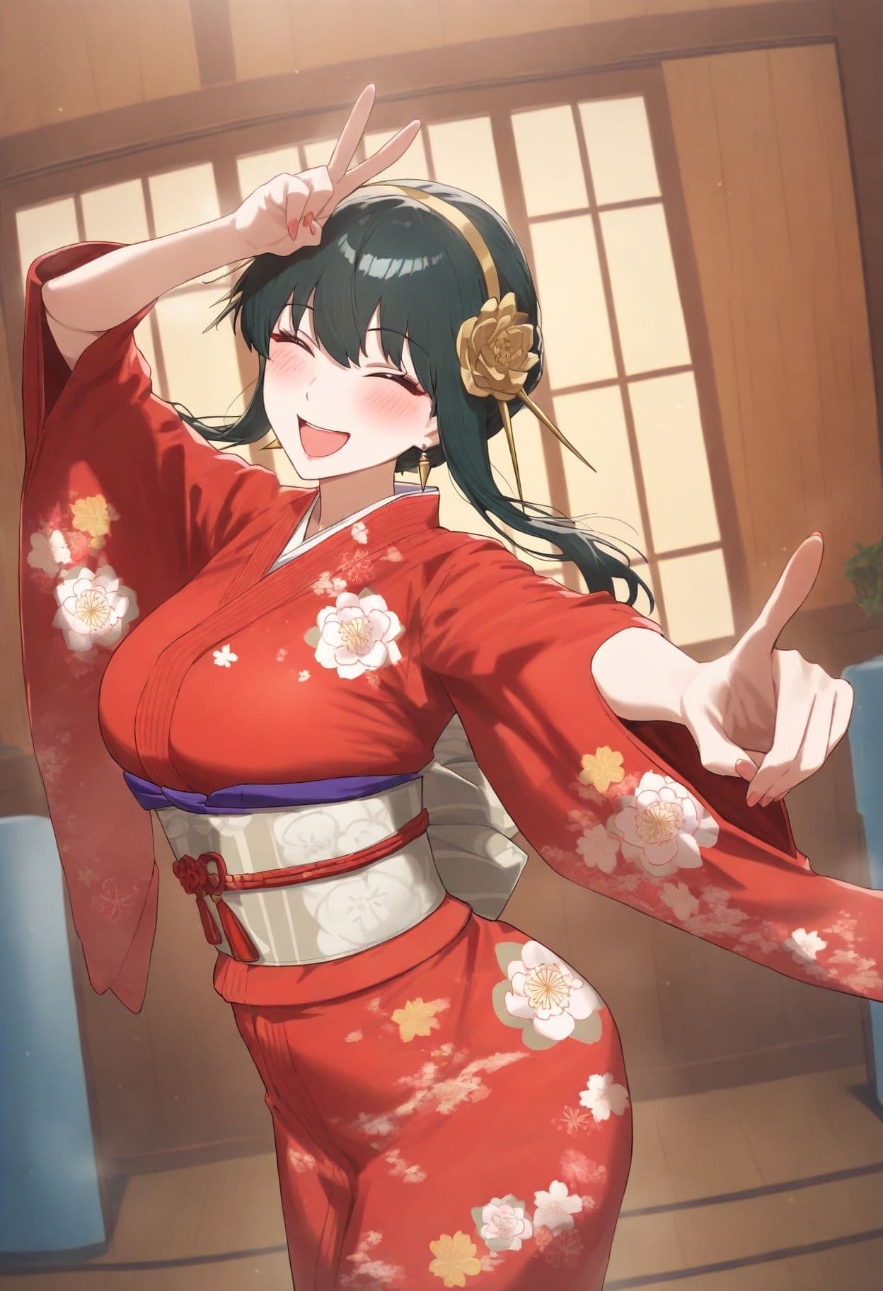 Yor Briar, kimono, dancing, Animagein 4, smiling, happy, high-quality artwork.