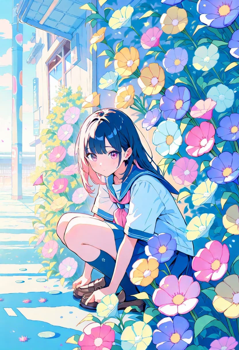 Azusa Nakano, school uniform, Animagein 4, watercolor, pastel, kawaii, morning light.
