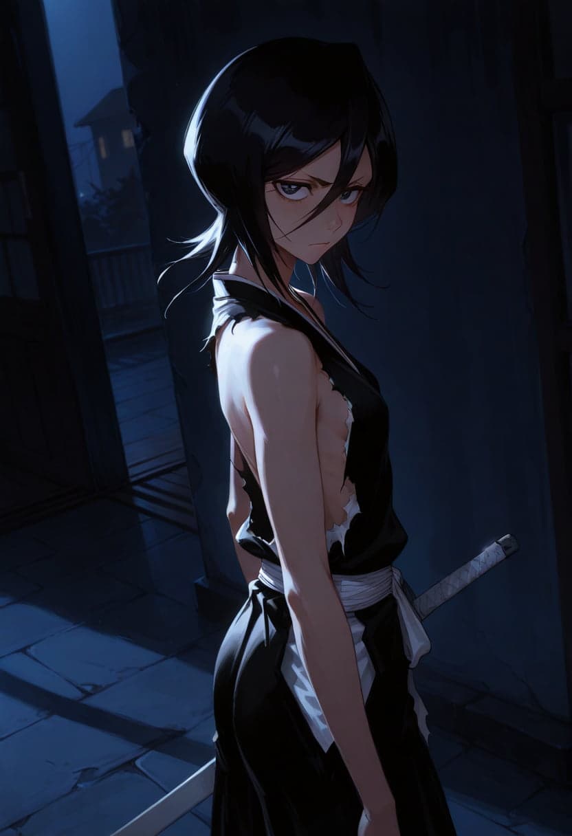 Rukia Kuchiki, Bleach, sword, illustrious, dramatic night, torn clothes, glare.