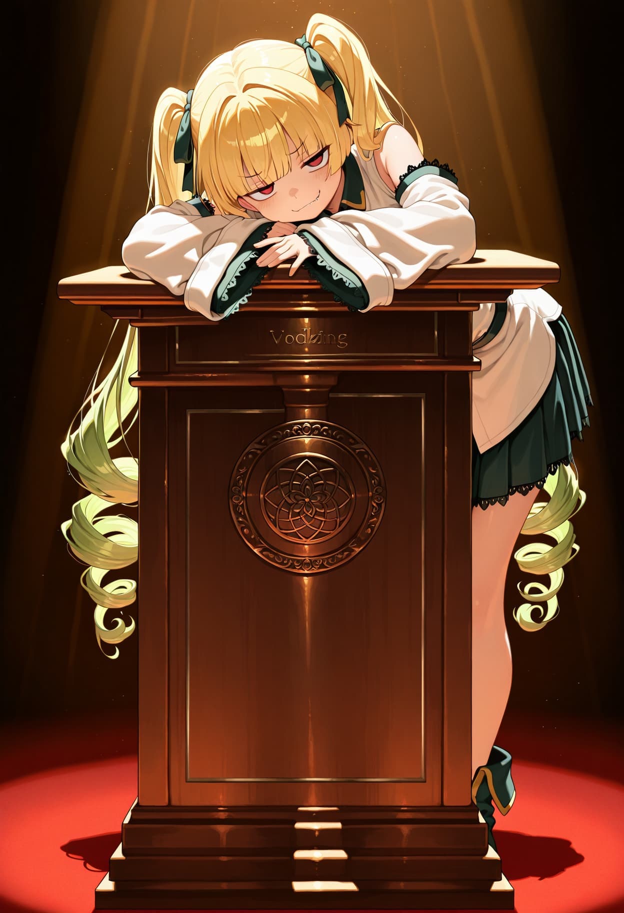 Cute girl with twintails, illustrious art, school uniform, mystical classroom, cinematic lighting.