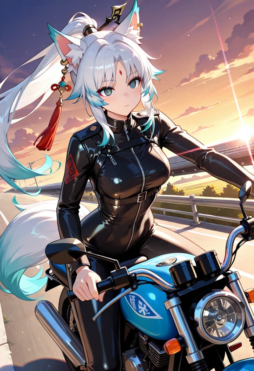 Motorcycle girl, illustrious art, animal ears, black leather, coastal ride, detailed features.