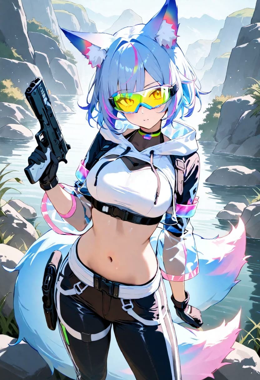 Fox girl, cyberpunk theme, illustrious, goggles, gun, neon hair, dynamic pose.
