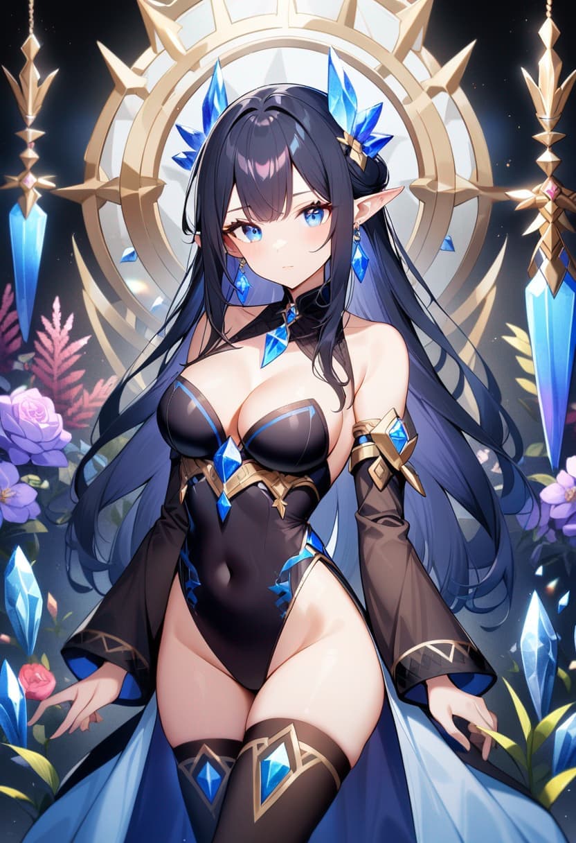 White-leotard girl, black thigh-highs, illustrious art, twintails, wings, cleavage.