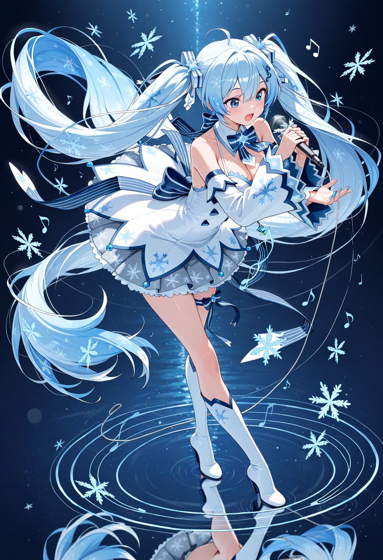 Yuki Miku, snowflakes, twintails, illustrious, cyber fashion, singing, dynamic pose.