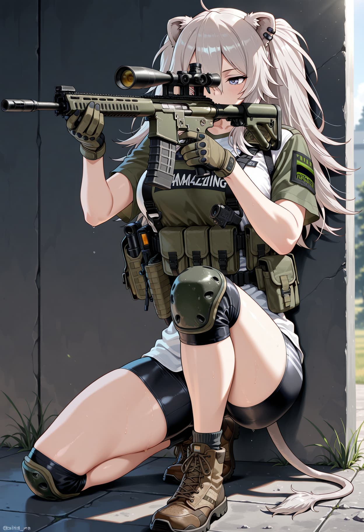 Shishiro Botan, tactical gear, illustrious art, aiming rifle, combat attire, best quality.
