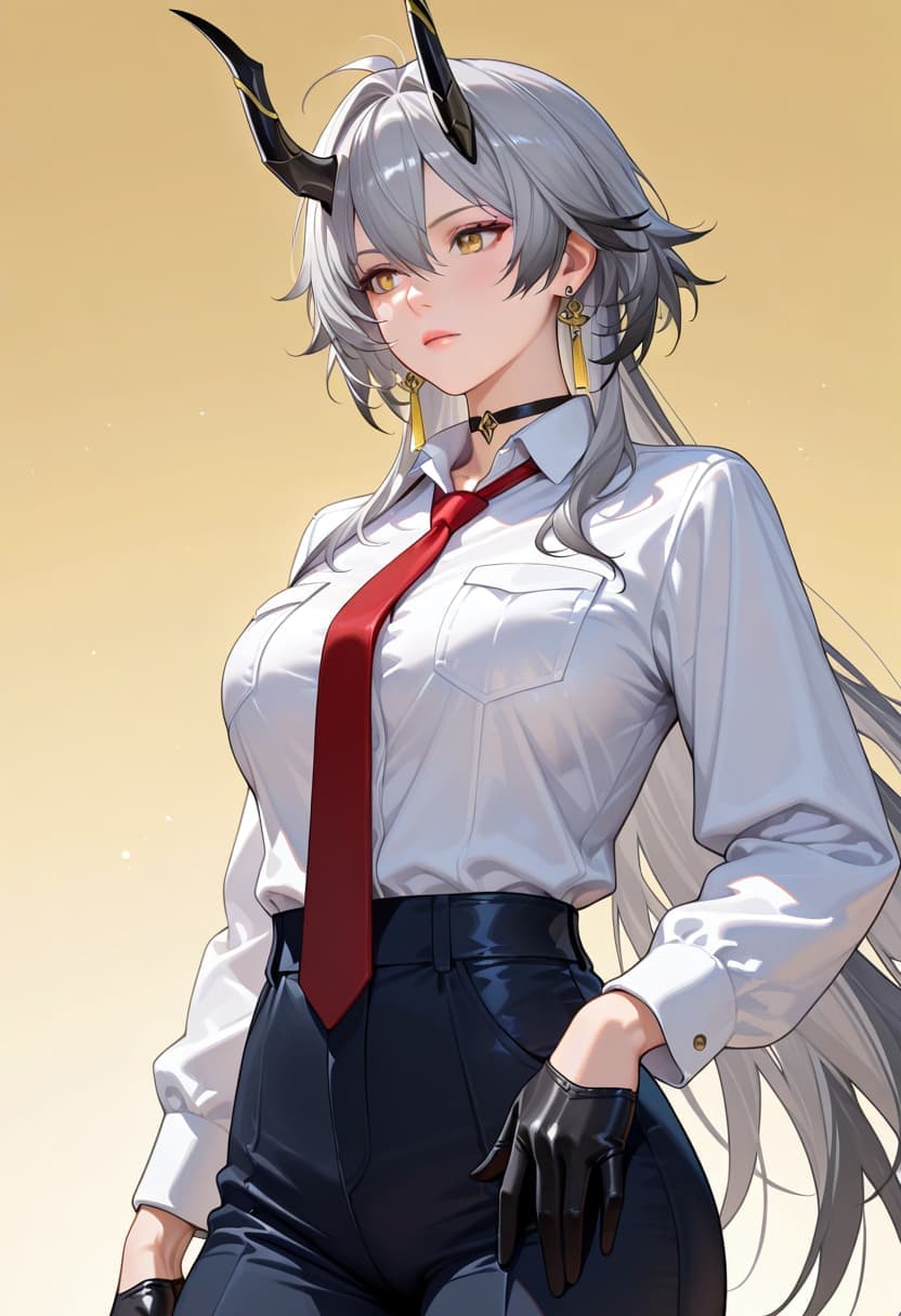 Zani, horns, grey hair, illustrious, realistic, choker, high heels, detailed attire.