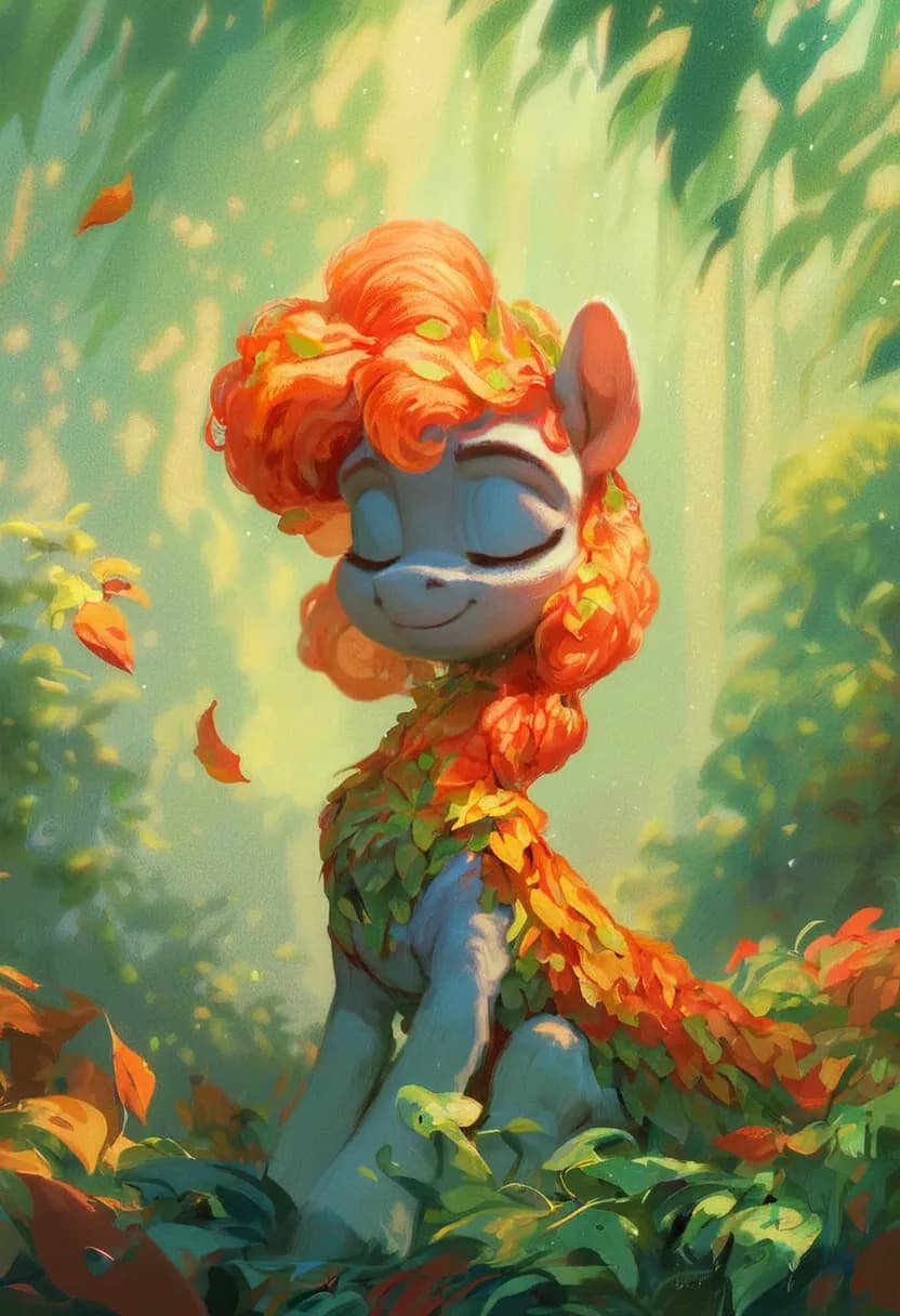Disney pony, autumn leaves, pony diffusion, serene nature, detailed sketch.