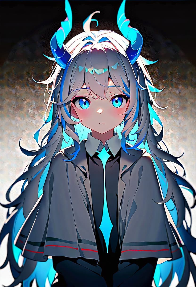 Delicate girl, wet in rain, pony diffusion, blue eyes, dragon horn, messy hair.