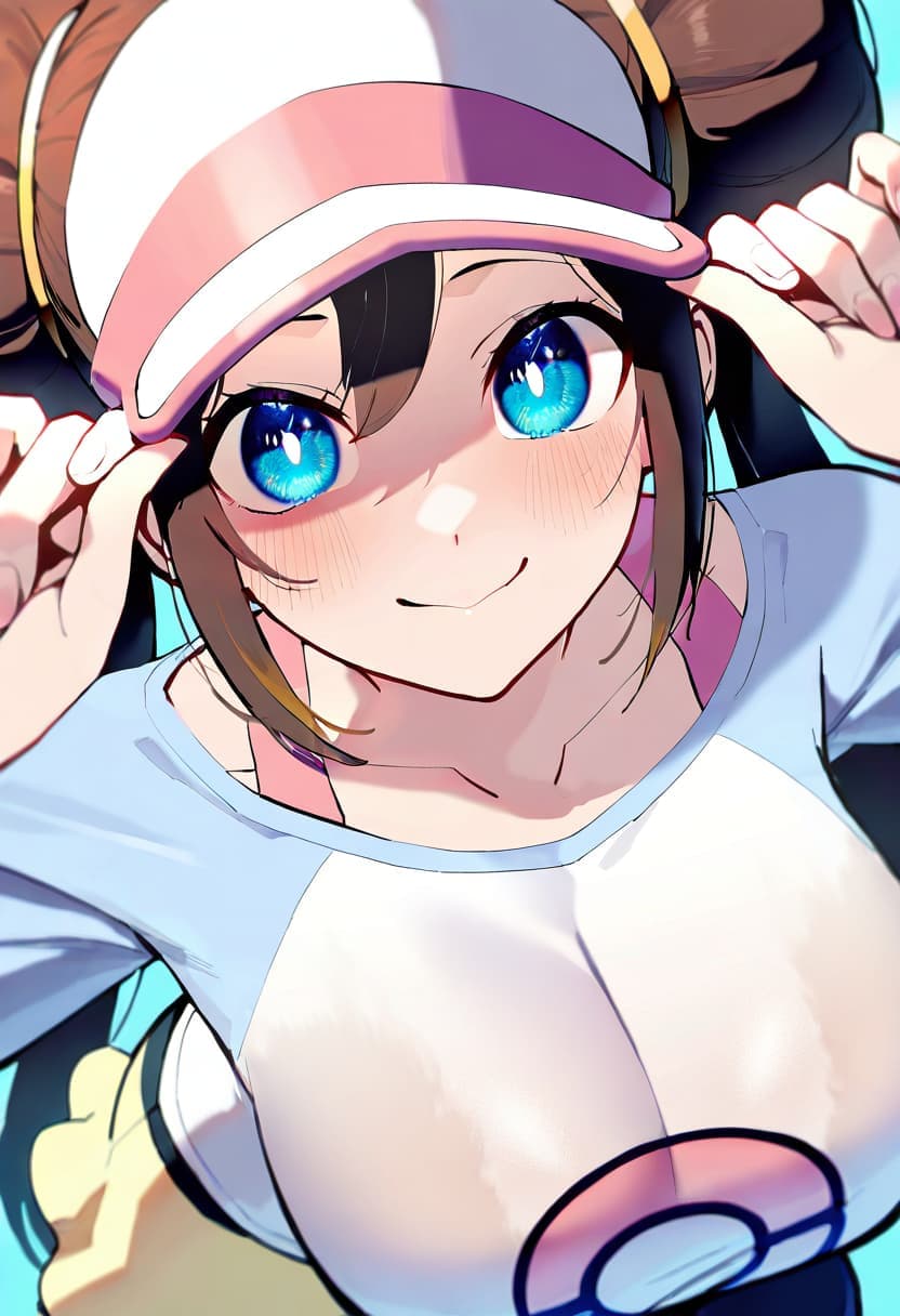 Rosa from Pokemon, bikini, beach, anime AI art, detailed, high-quality, captivating smile.