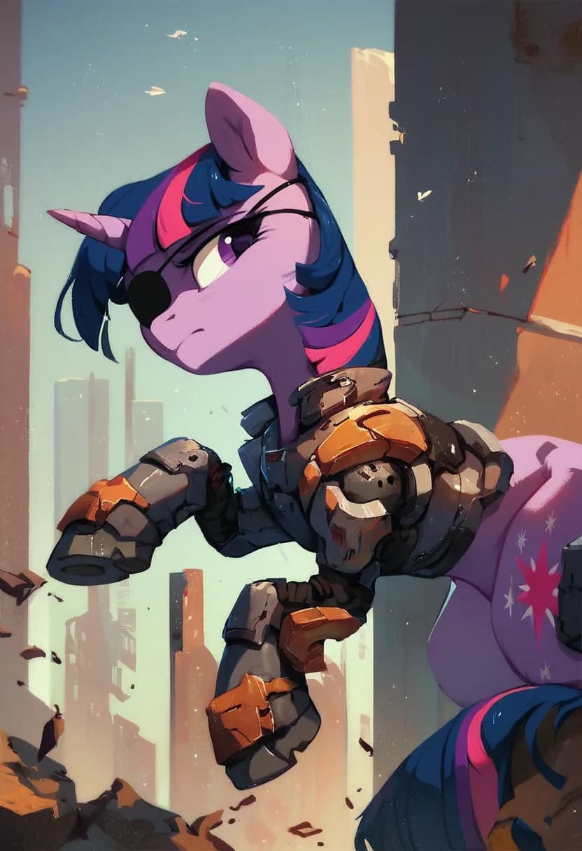 Purple pony in armor, anime AI art, dynamic pose, cityscape background, action scene.