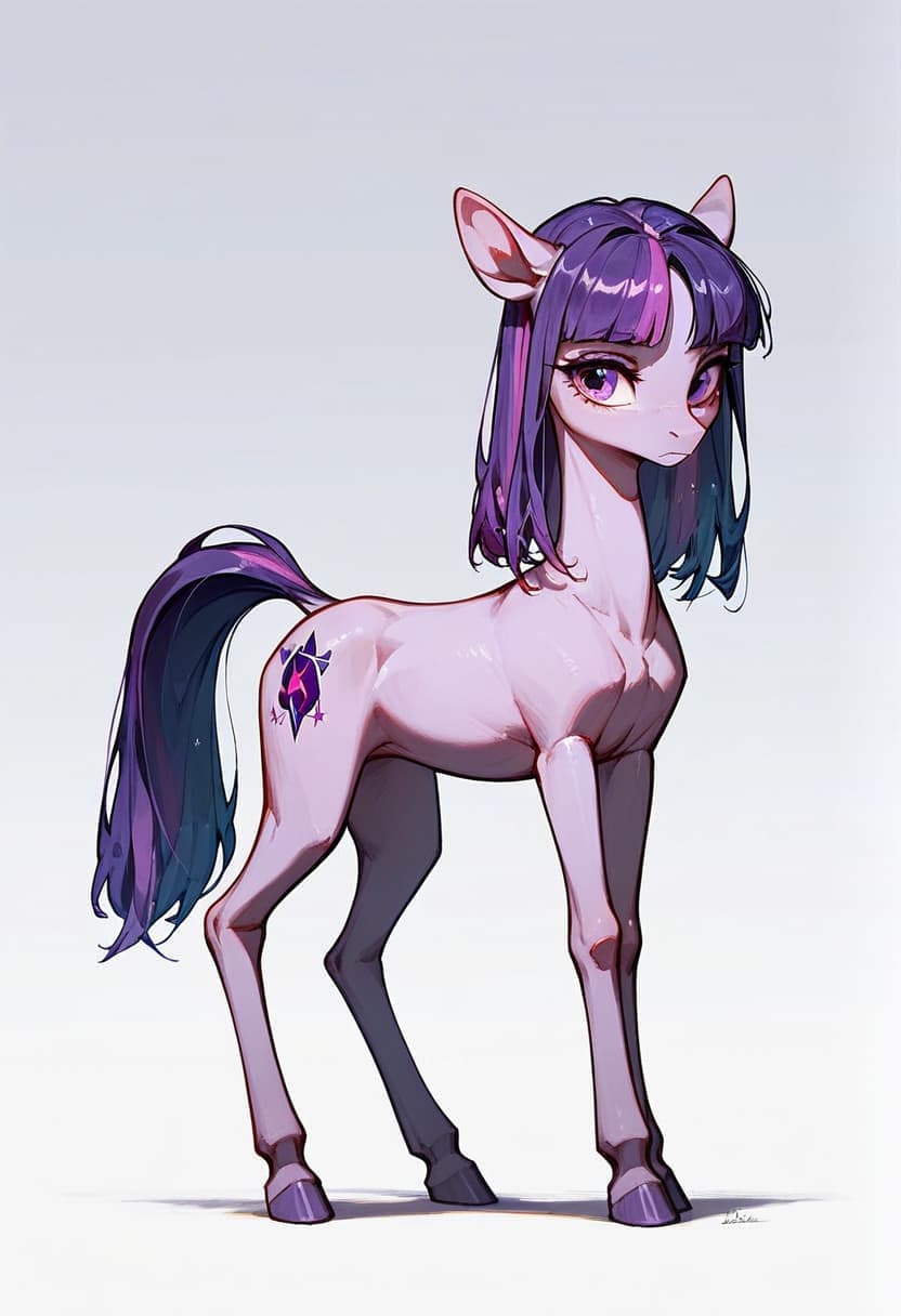 My Little Pony mare, smug smile, pony diffusion, red-black hair, green-violet eyes.