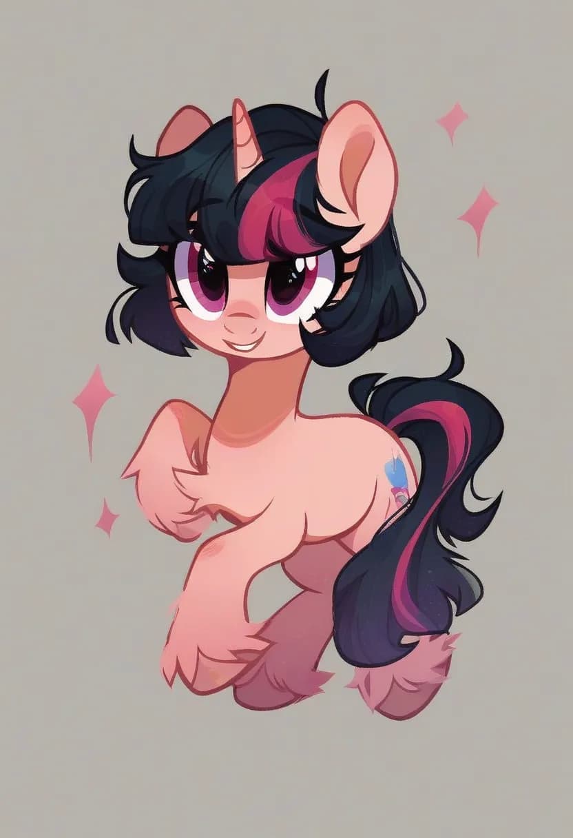 Cute pony with sunglasses, pony diffusion art, playful pose, stars around.