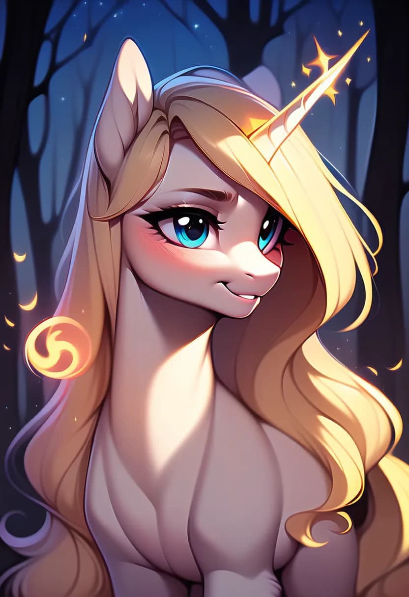 Magical pony, golden horn, pony diffusion, enchanting eyes, mystical forest.