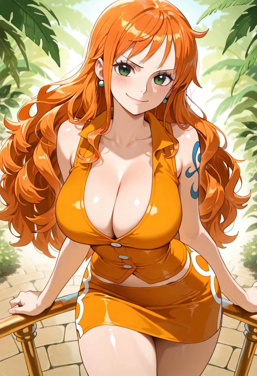 Illustrious Nami-inspired girl, One Piece, anime AI art, orange hair, green eyes, iconic outfit.