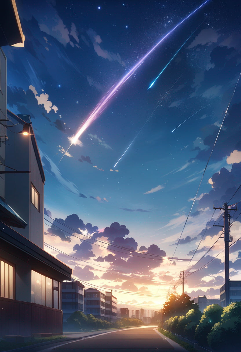 Kimi no Na wa style, cityscape, starry sky, Makoto Shinkai, anime AI art, no humans.