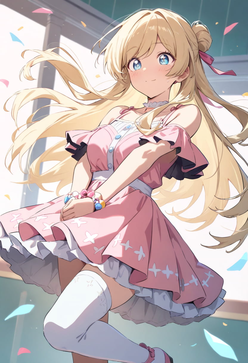 Animagine Blonde anime girl, blue eyes, pink dress, dancing, anime AI generator, playful.